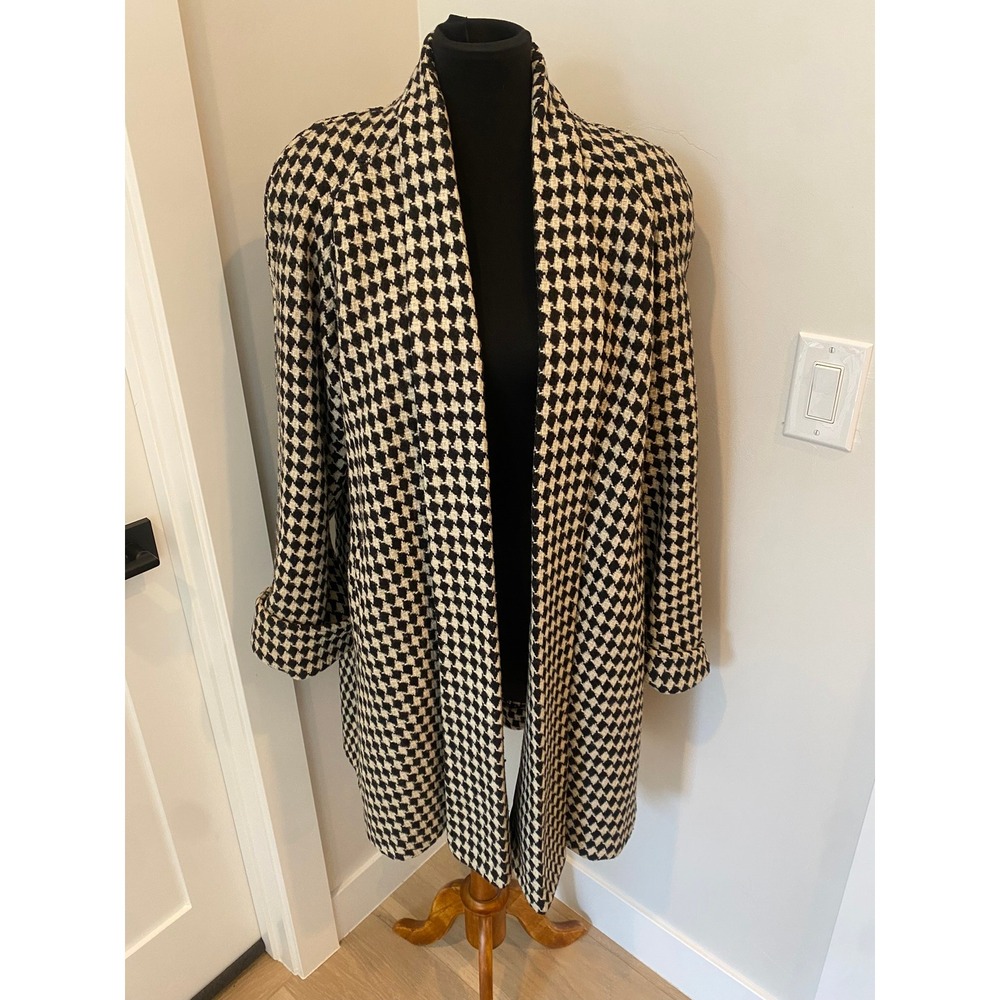 Vintage Ashley Scott Houndstooth Wool Blend Coat Black Cream Made in USA XS